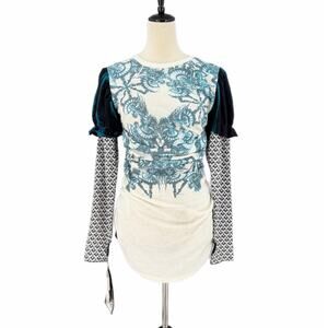 Nuvula NEW Whimsygoth Western Ruched Mixed Media Graphic Casual Y2K Eclectic Top